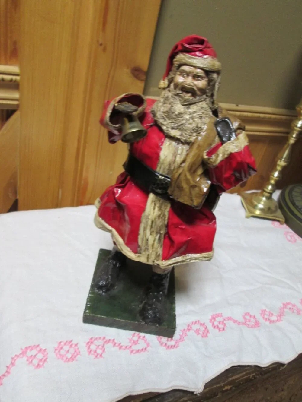 antique MCM folk lore Hand Painted Paper mache santa sack and bell on wood base